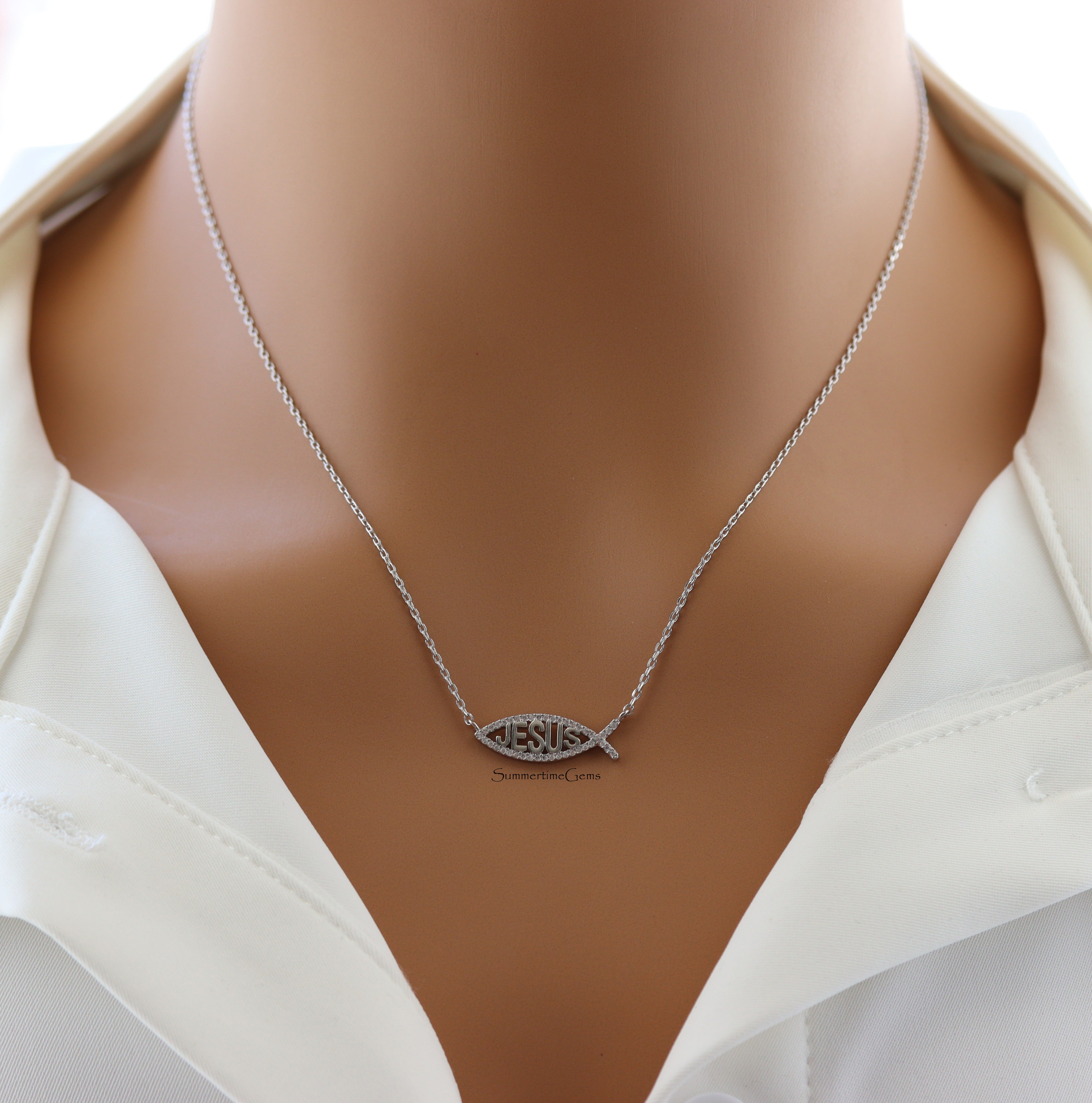 STG 18K Gold Plated Pavé Ichthys Pendant Necklace – Sparkling Christian Fish Symbol Jewelry for Elegant Faith Style