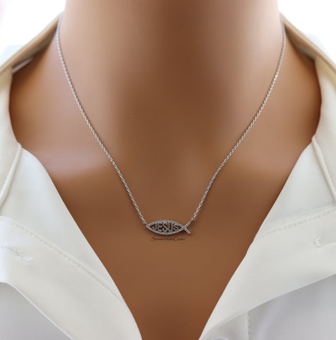 STG 18K Gold Plated Pavé Ichthys Pendant Necklace – Sparkling Christian Fish Symbol Jewelry for Elegant Faith Style