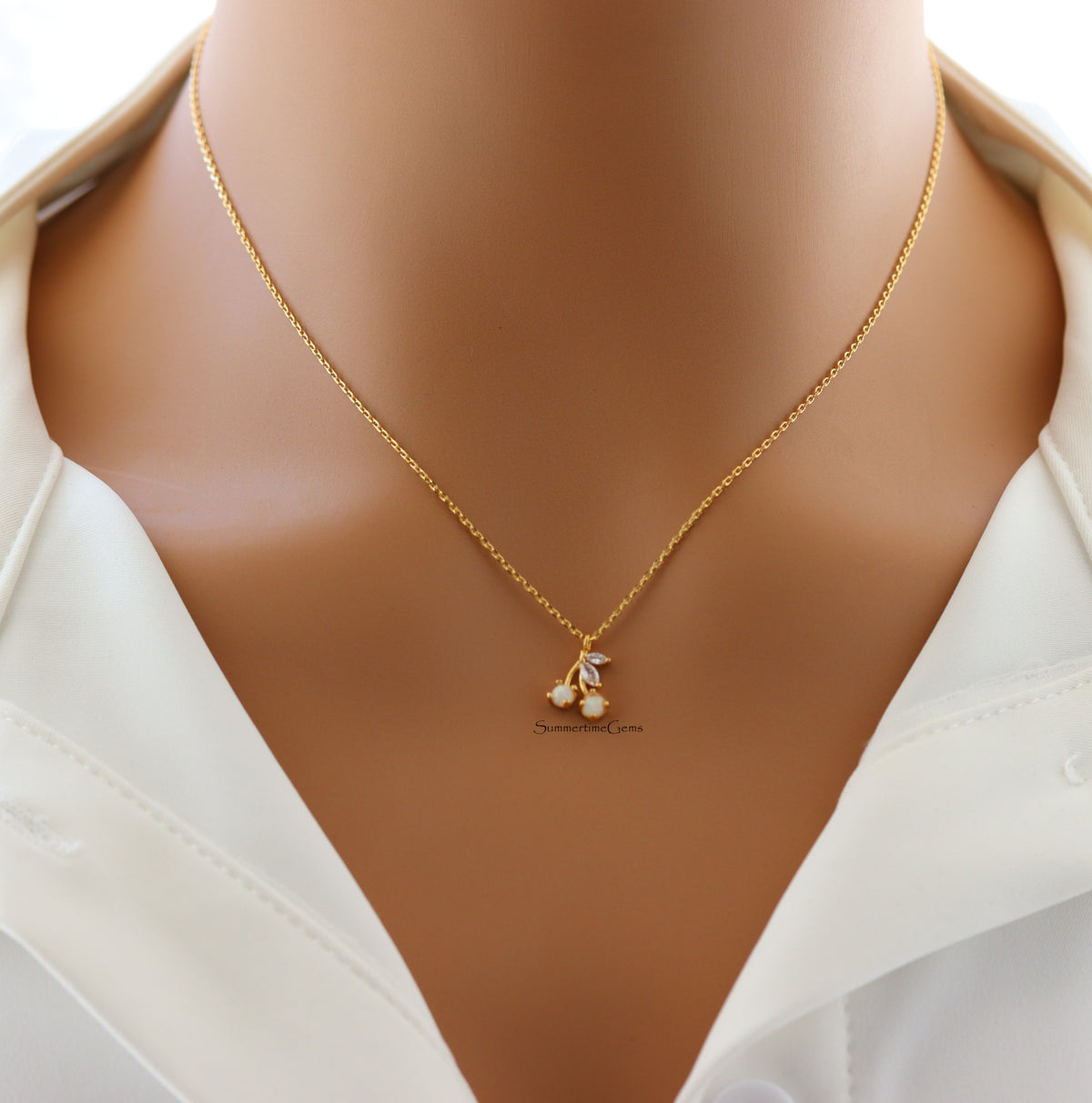 STG 18K Gold Plated Dainty Opal and CZ Cherry Pendant Necklace – Playful Sparkly Fruit Jewelry
