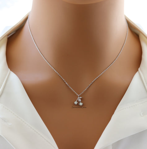 STG 18K Gold Plated Dainty Opal and CZ Cherry Pendant Necklace – Playful Sparkly Fruit Jewelry