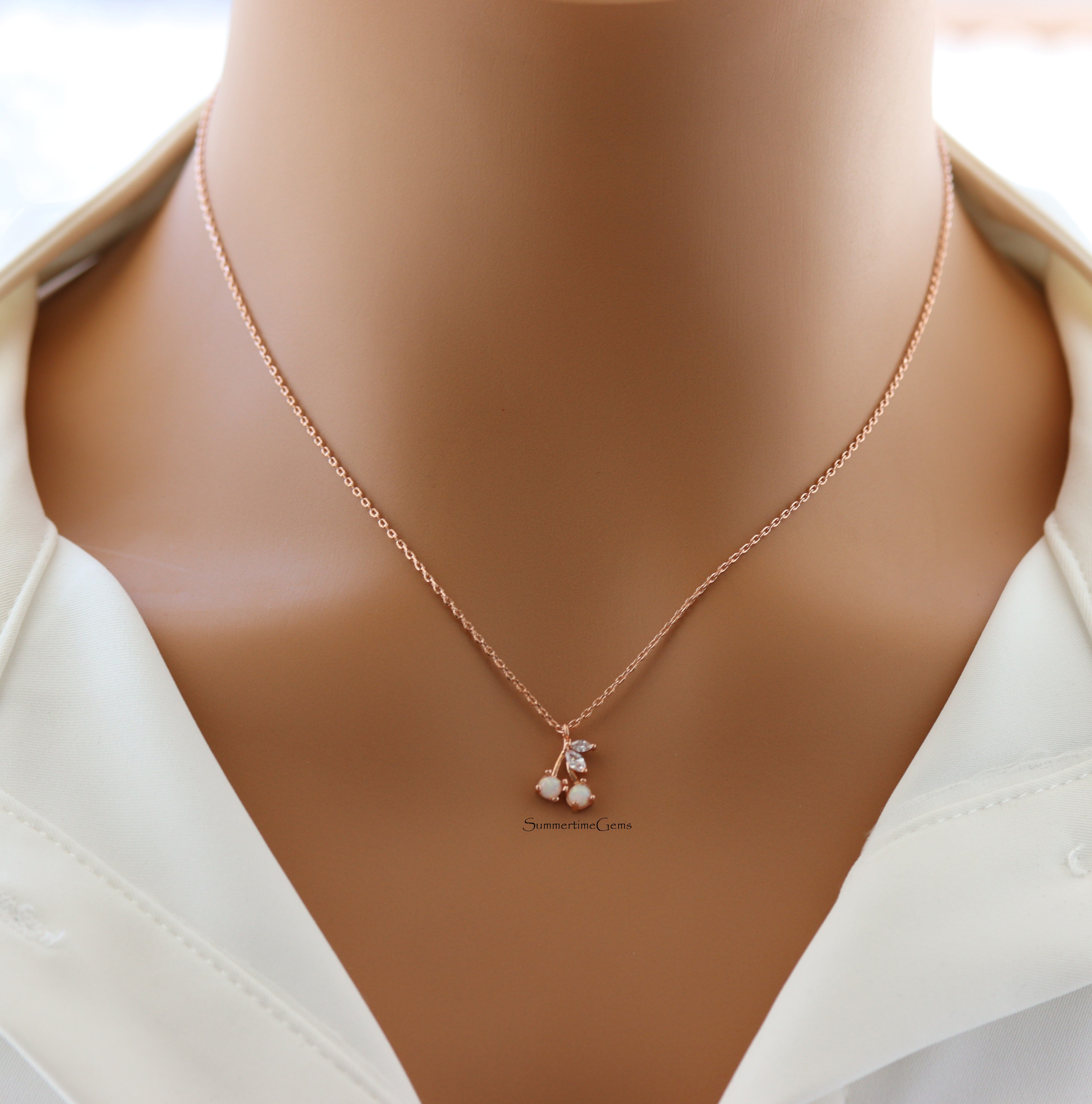 STG 18K Gold Plated Dainty Opal and CZ Cherry Pendant Necklace – Playful Sparkly Fruit Jewelry