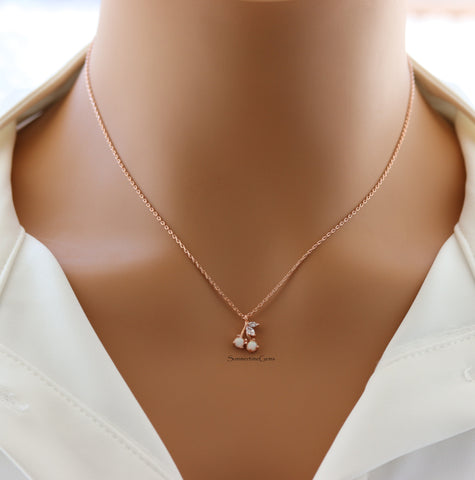 STG 18K Gold Plated Dainty Opal and CZ Cherry Pendant Necklace – Playful Sparkly Fruit Jewelry