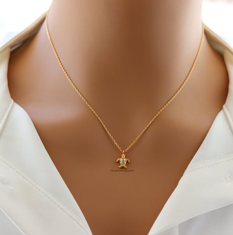 STG 18K Gold Plated Dainty CZ Turtle Pendant Necklace – Sparkly Ocean-Inspired Jewelry Gift