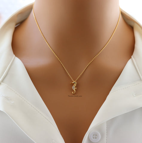 STG 18K Gold Plated Mini Seahorse CZ Pendant Necklace – Dainty Ocean-Inspired Jewelry for Beach Lovers & Trendsetters