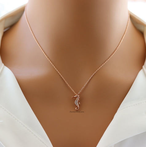 STG 18K Gold Plated Mini Seahorse CZ Pendant Necklace – Dainty Ocean-Inspired Jewelry for Beach Lovers & Trendsetters