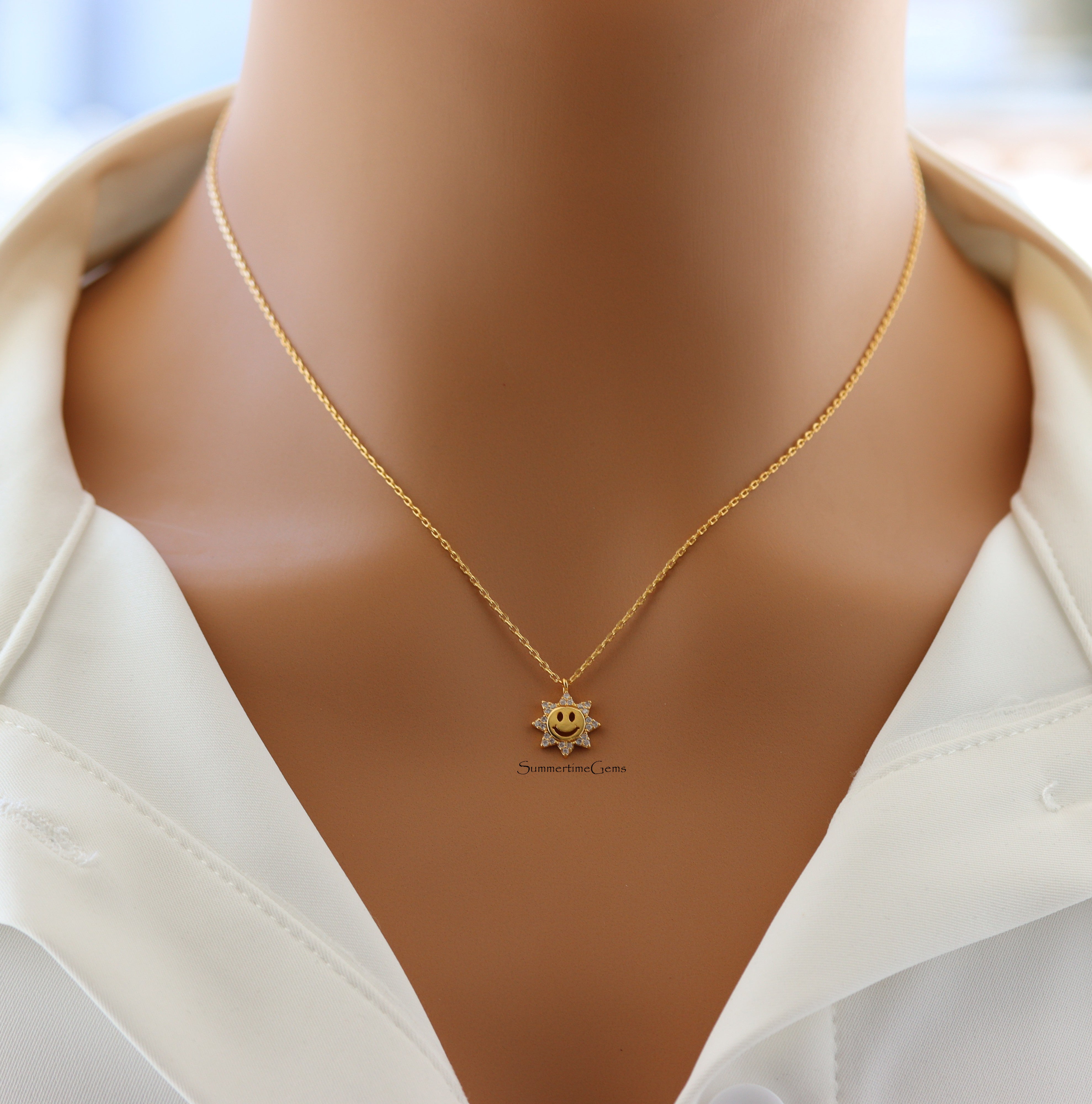 STG 18K Gold Plated Sparkly Pave CZ Smiley Sun Pendant Necklace – Dainty Positive Energy Jewelry for Everyday Joy