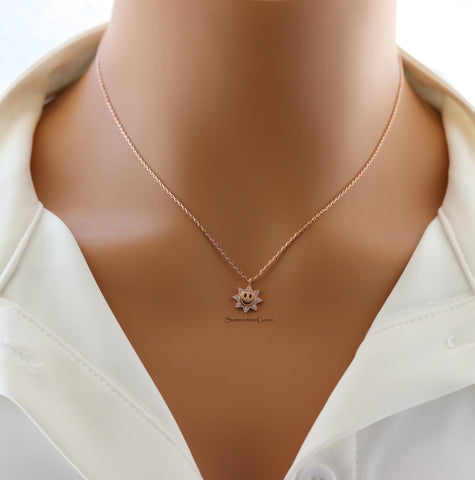 STG 18K Gold Plated Sparkly Pave CZ Smiley Sun Pendant Necklace – Dainty Positive Energy Jewelry for Everyday Joy