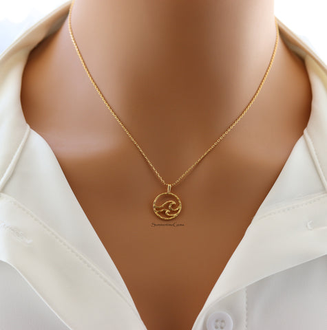 STG 18K Gold Plated Dainty Wave Cutout Coin Pendant Necklace – Minimalist Ocean-Inspired Jewelry for Beach Lovers