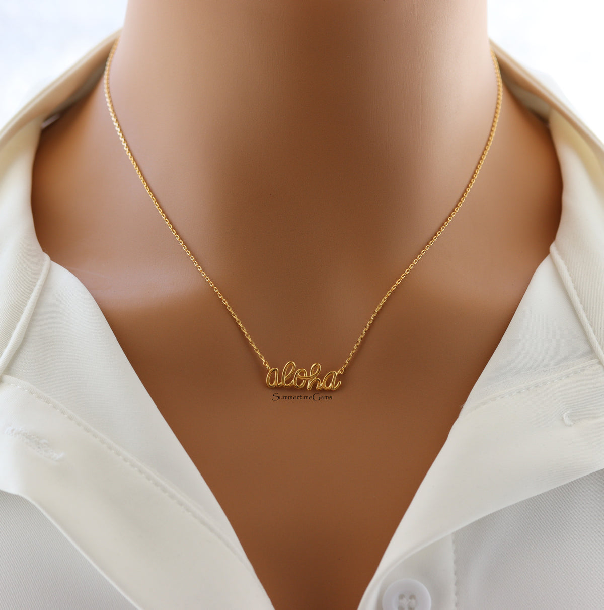 STG 18K Gold Plated Dainty Handwritten “Aloha” Necklace – Hawaiian-Inspired Minimalist Jewelry