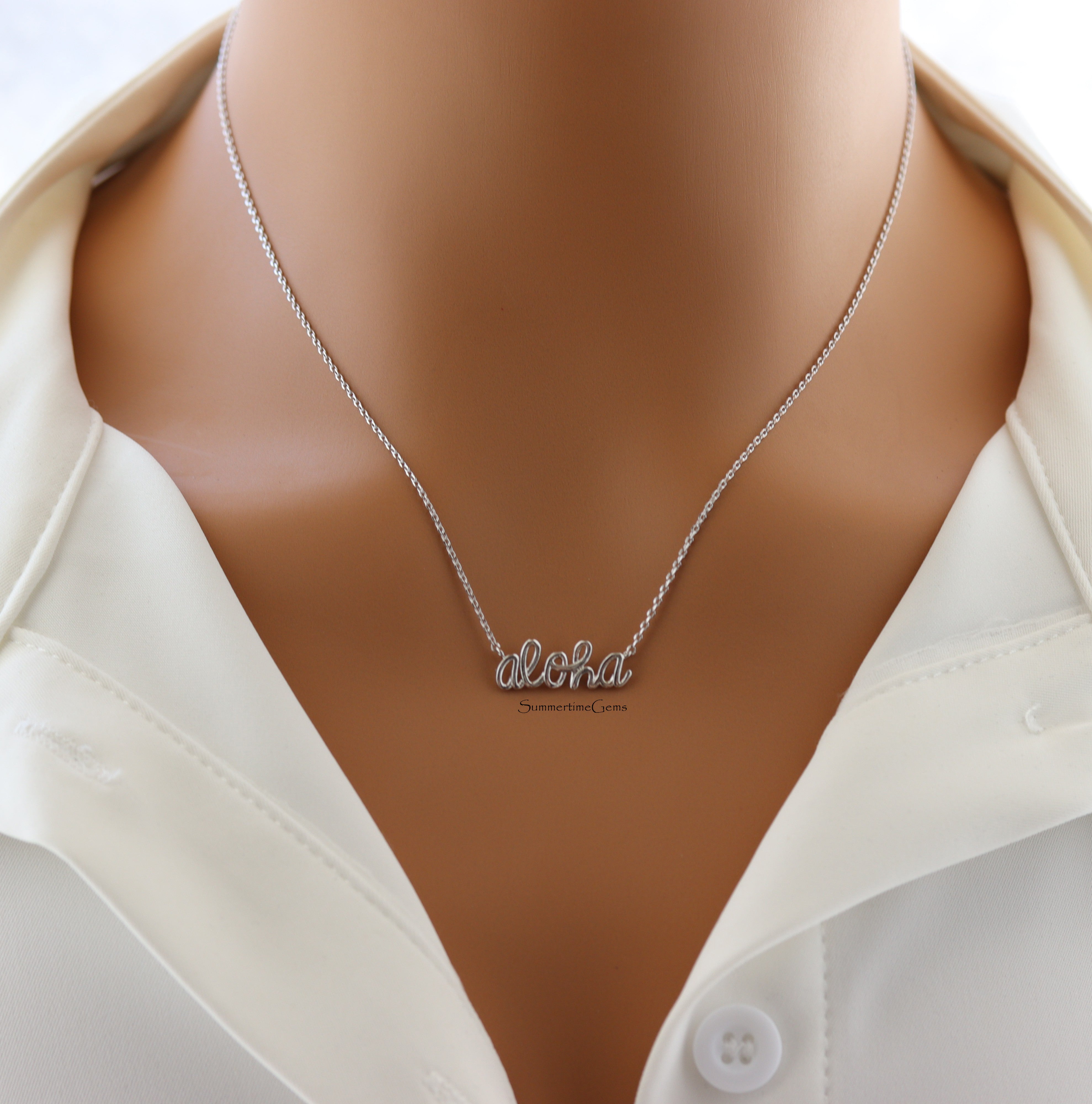 STG 18K Gold Plated Dainty Handwritten “Aloha” Necklace – Hawaiian-Inspired Minimalist Jewelry