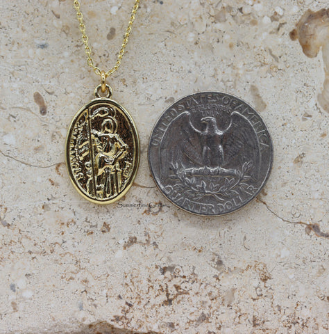 STG 14K Gold Plated St. Joan of Arc Oval Pendant Necklace – Inspirational Catholic Jewelry for Strength and Faith