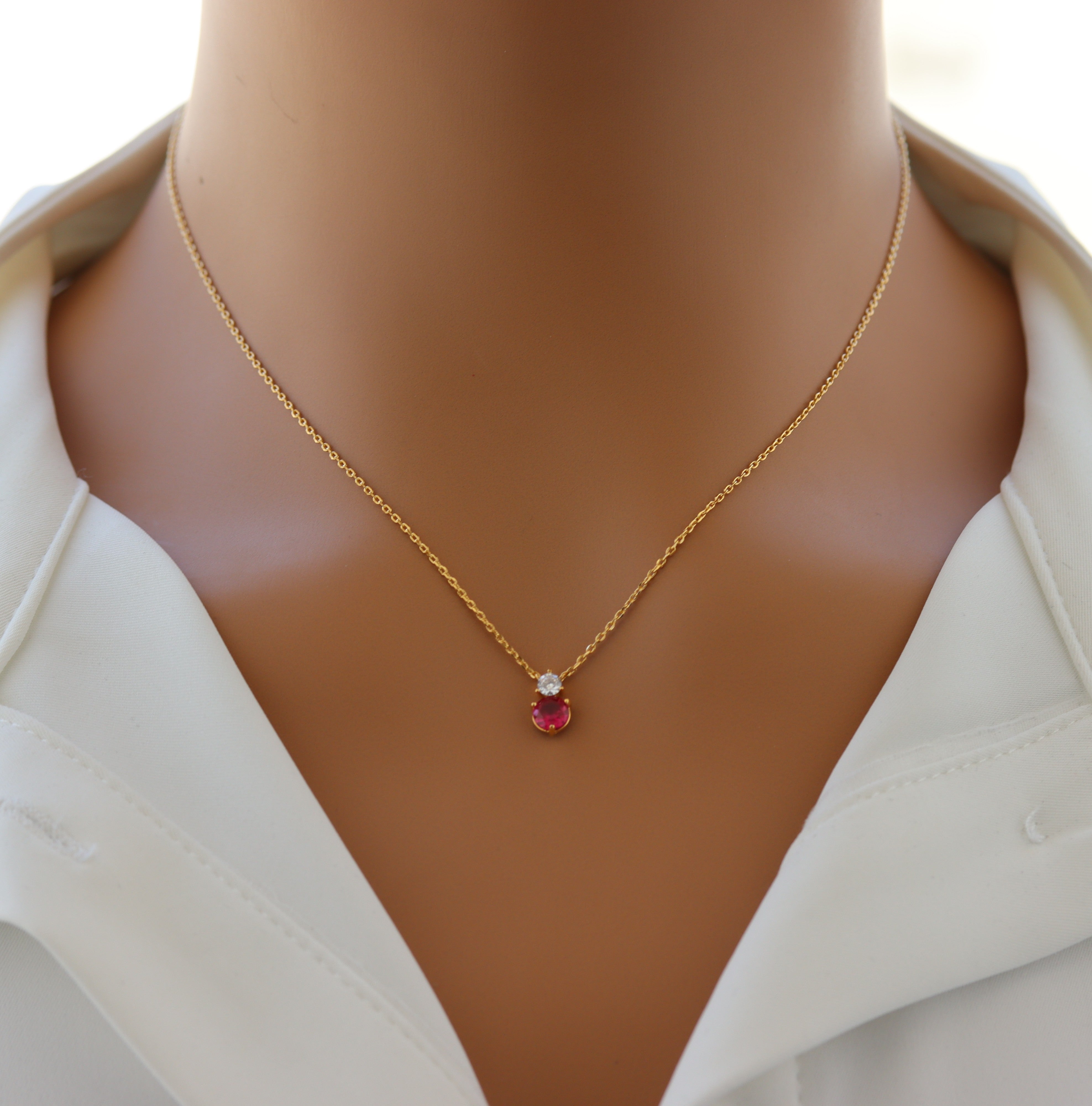 STG 18K Gold Plated July Ruby Birthstone Pendant Necklace – Dainty Red Gem Charm for Birthday or Everyday Shine