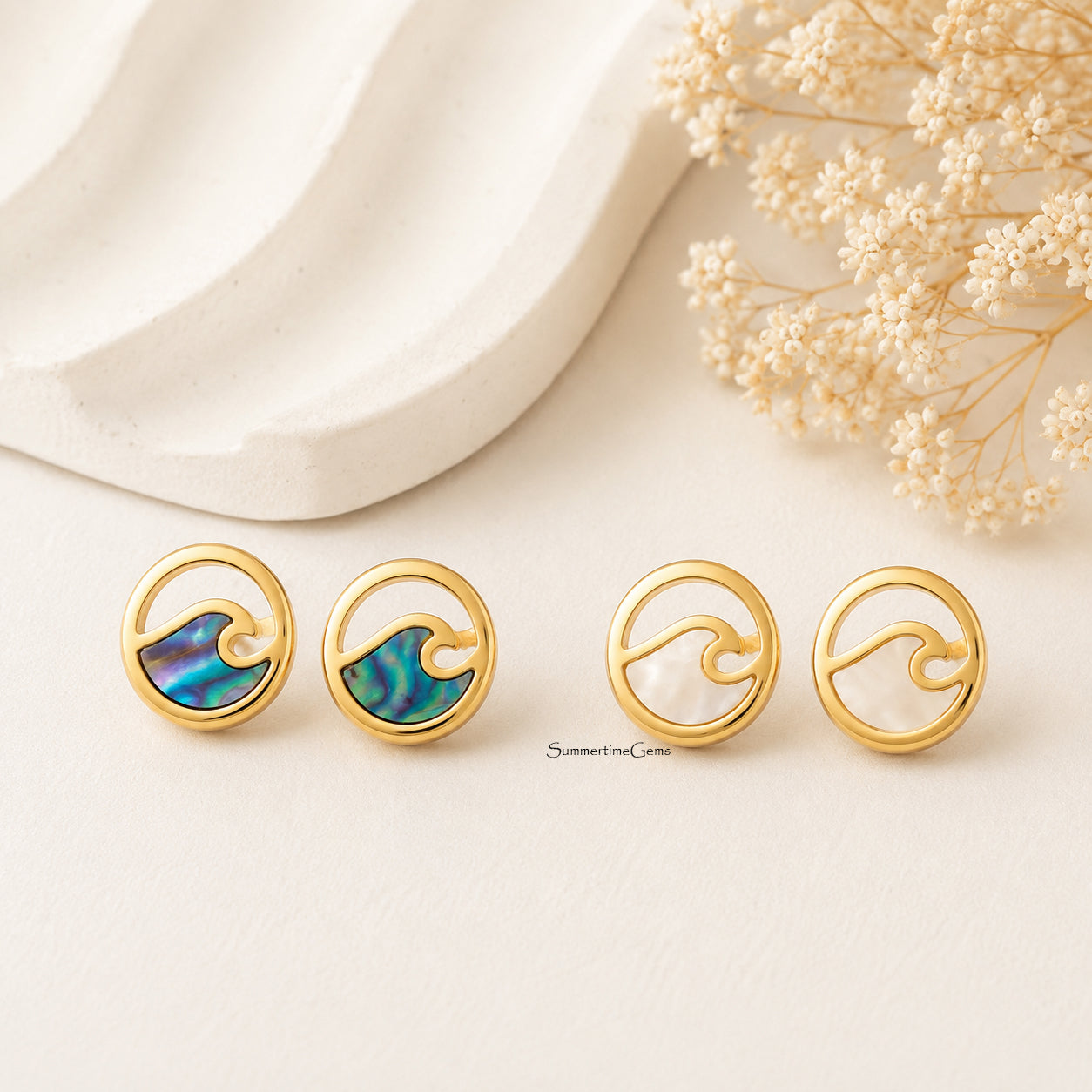 STG 18K Gold Dipped Circle Wave Stud Earrings – Minimalist Ocean Inspired Statement Earrings for Women
