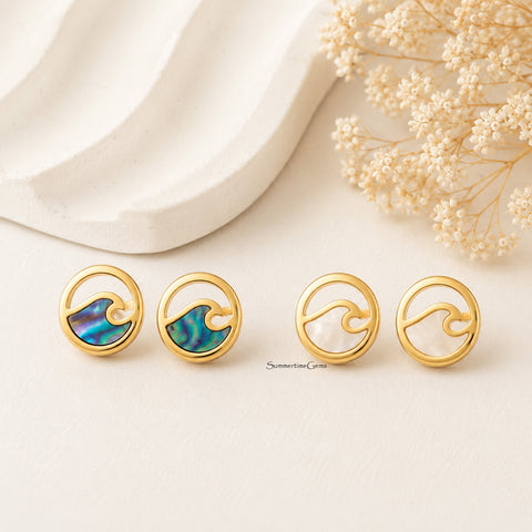 STG 18K Gold Dipped Circle Wave Stud Earrings – Minimalist Ocean Inspired Statement Earrings for Women