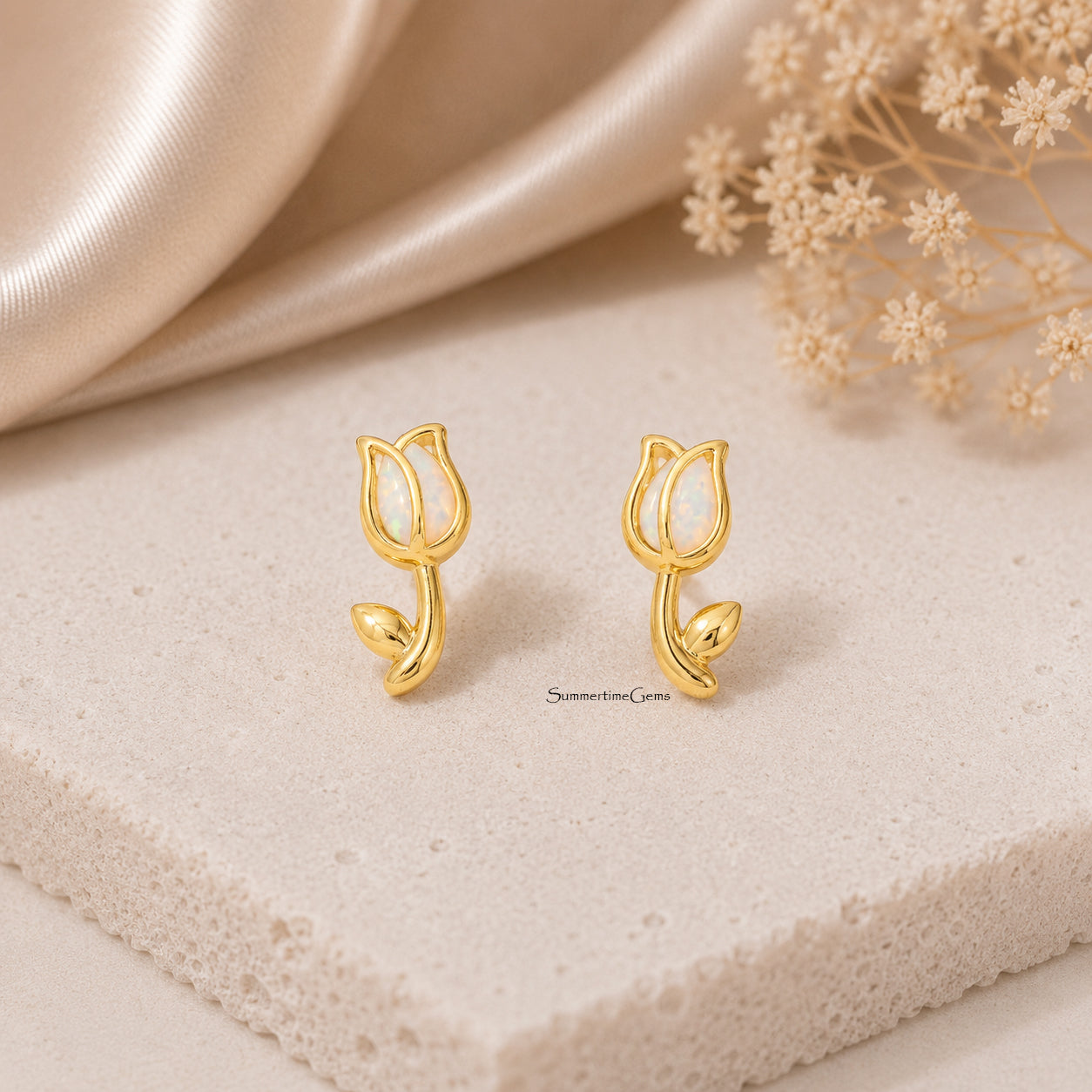 STG 18K Gold Dipped Opal Tulip Stud Earrings – Dainty Floral Opal Earrings for Women