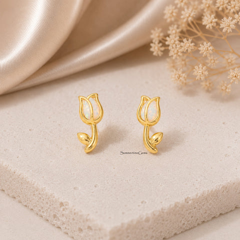 STG 18K Gold Dipped Opal Tulip Stud Earrings – Dainty Floral Opal Earrings for Women