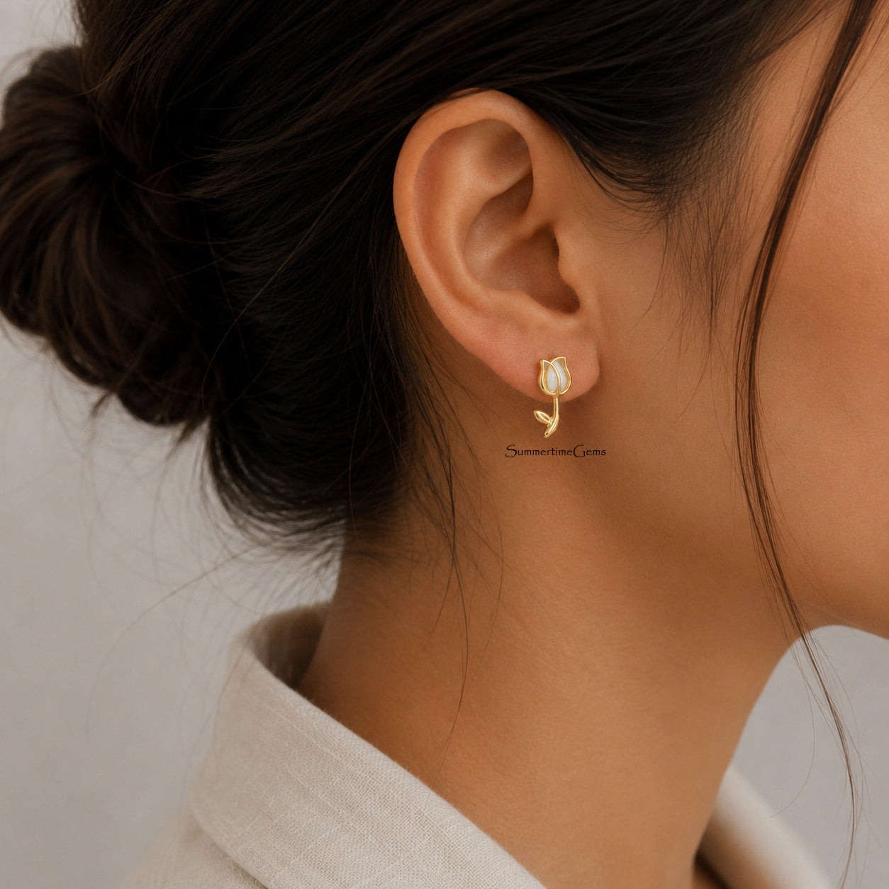 STG 18K Gold Dipped Opal Tulip Stud Earrings – Dainty Floral Opal Earrings for Women