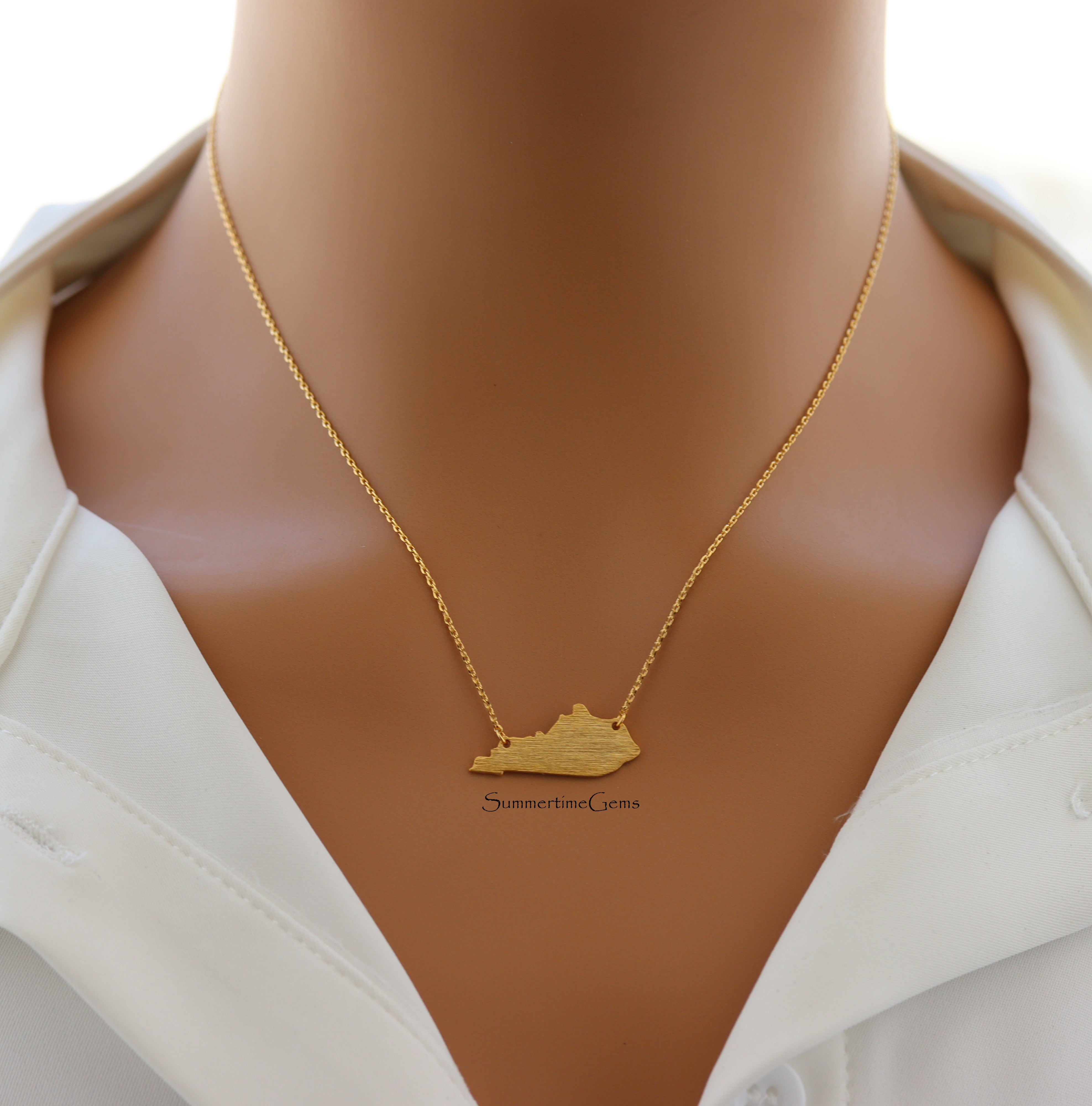 STG 18K Gold Plated Dainty Brushed Kentucky State Pendant Necklace – Minimalist KY Pride Jewelry