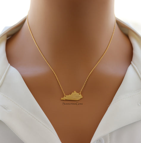 STG 18K Gold Plated Dainty Brushed Kentucky State Pendant Necklace – Minimalist KY Pride Jewelry