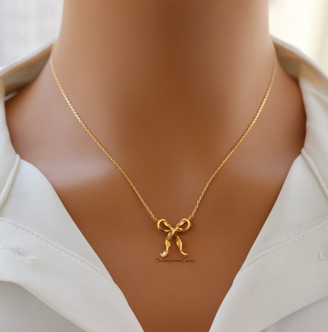 STG 18K Gold Plated Dainty Long Ribbon Bow Pendant Necklace – Elegant Feminine Jewelry for Everyday Charm