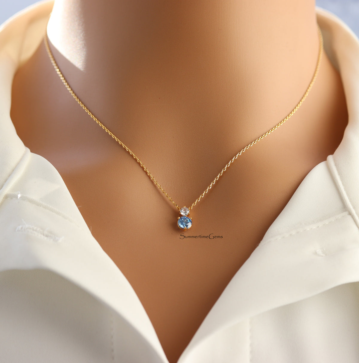 STG 18K Gold Plated March Aquamarine Birthstone Pendant Necklace – Elegant Jewelry Gift for Her