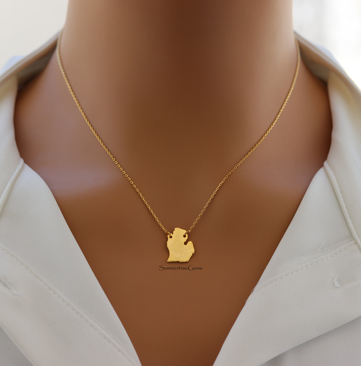 STG 18K Gold Plated Dainty Brushed Michigan State Pendant Necklace – Minimalist State Pride Jewelry