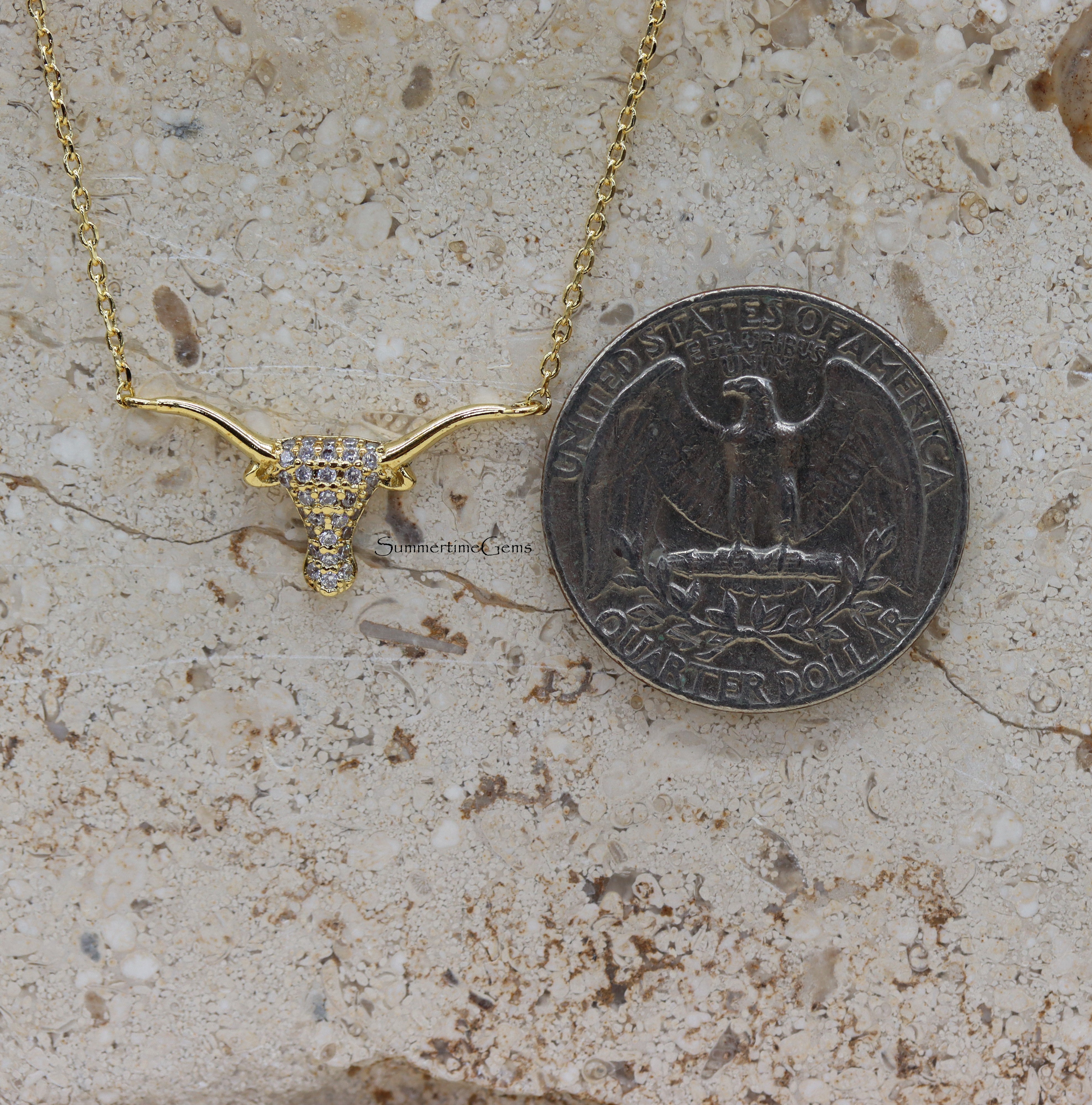 STG 14K Gold Plated CZ Bull Head Pendant Necklace – Sparkly Western Rodeo Jewelry for Bold Statement Style