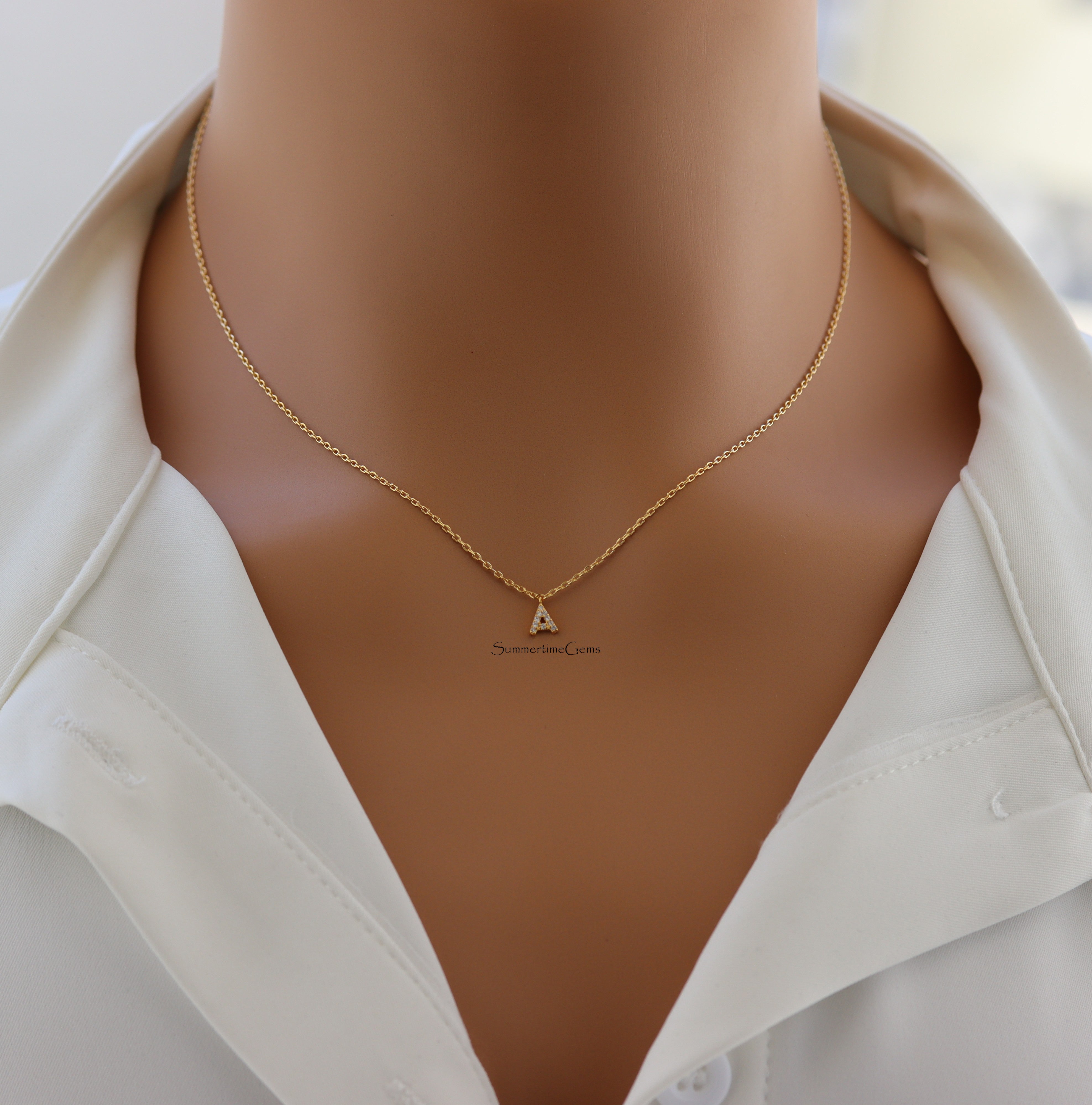 STG 18K Gold Plated Dainty Mini Rhinestone Initial "A" Necklace – Sparkly Personalized Jewelry Gift