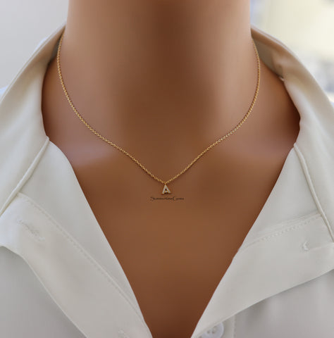 STG 18K Gold Plated Dainty Mini Rhinestone Initial "A" Necklace – Sparkly Personalized Jewelry Gift