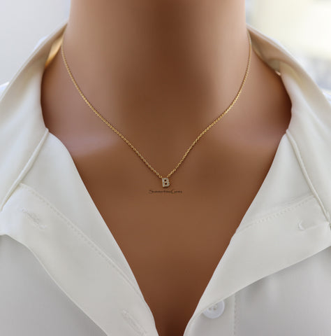 STG 18K Gold Plated Dainty Mini Rhinestone Initial "B" Pendant Necklace – Sparkly Personalized Letter Jewelry Gift