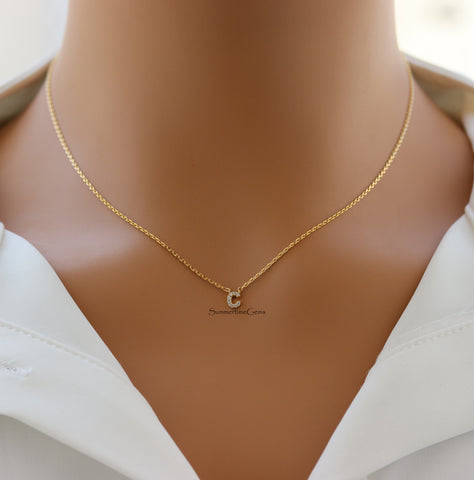 STG 18K Gold Plated Dainty Mini Rhinestone Initial "C" Pendant Necklace – Personalized Letter Charm Jewelry for Everyday Glam