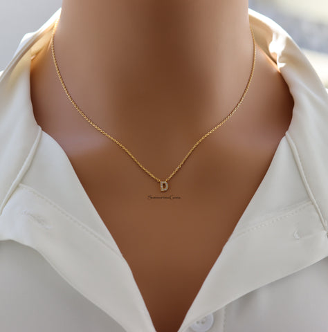 STG 18K Gold Plated Dainty Mini Rhinestone Initial "D" Pendant Necklace – Sparkly Personalized Letter Jewelry Gift