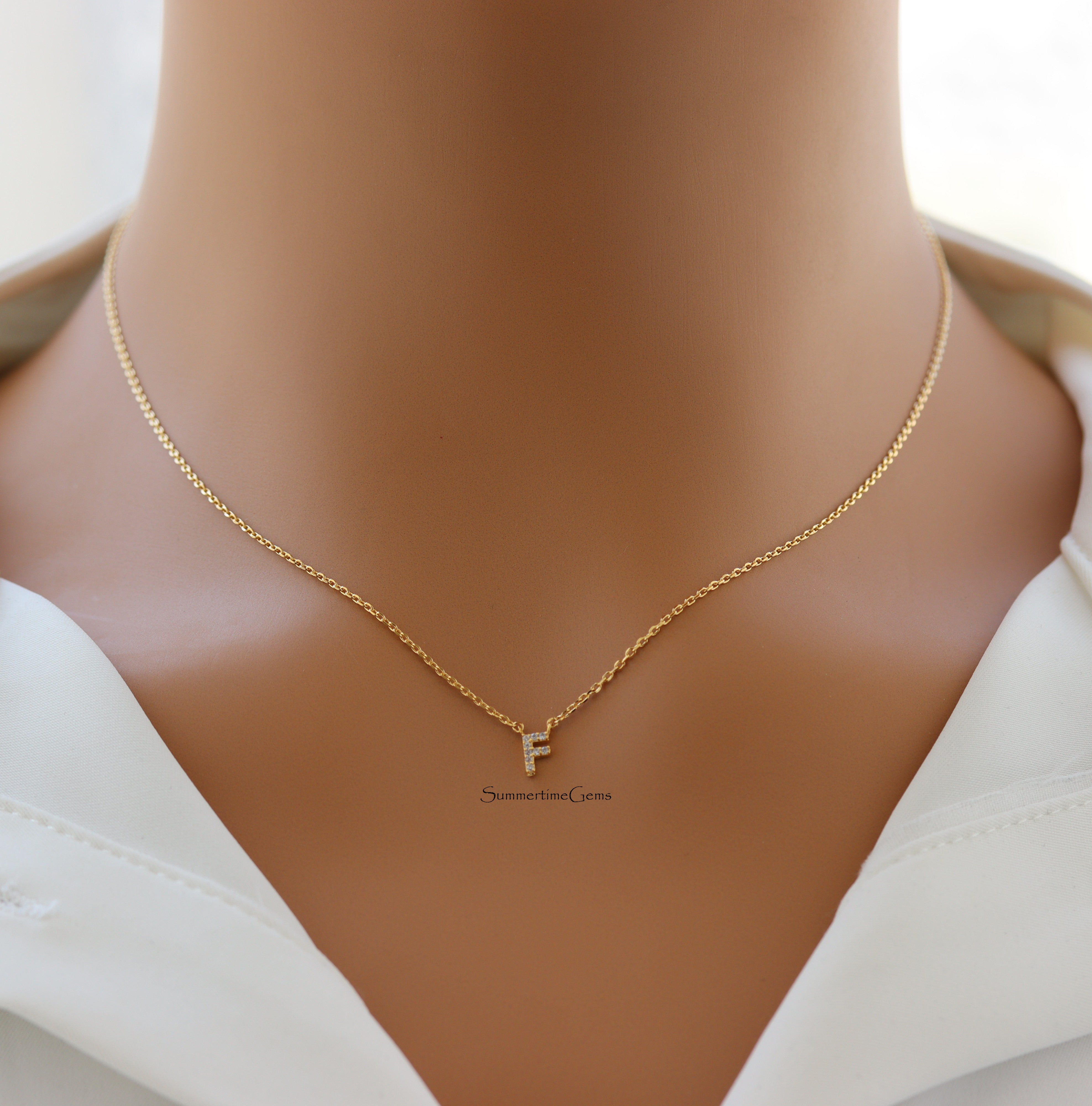 STG 18K Gold Plated Dainty Mini Rhinestone “F” Initial Necklace – Sparkling Personalized Jewelry for a Chic, Custom Look