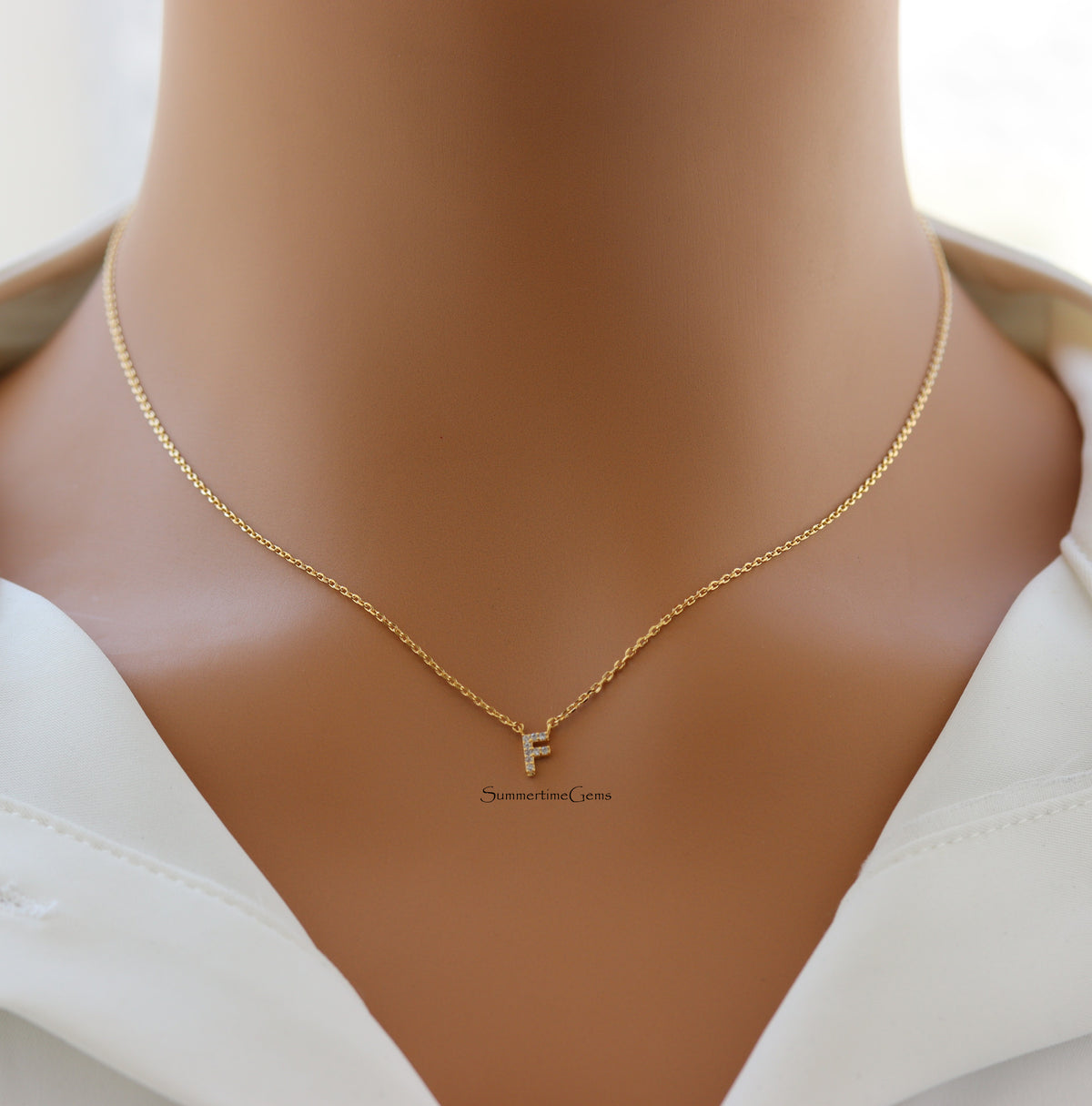 STG 18K Gold Plated Dainty Mini Rhinestone “F” Initial Necklace – Sparkling Personalized Jewelry for a Chic, Custom Look