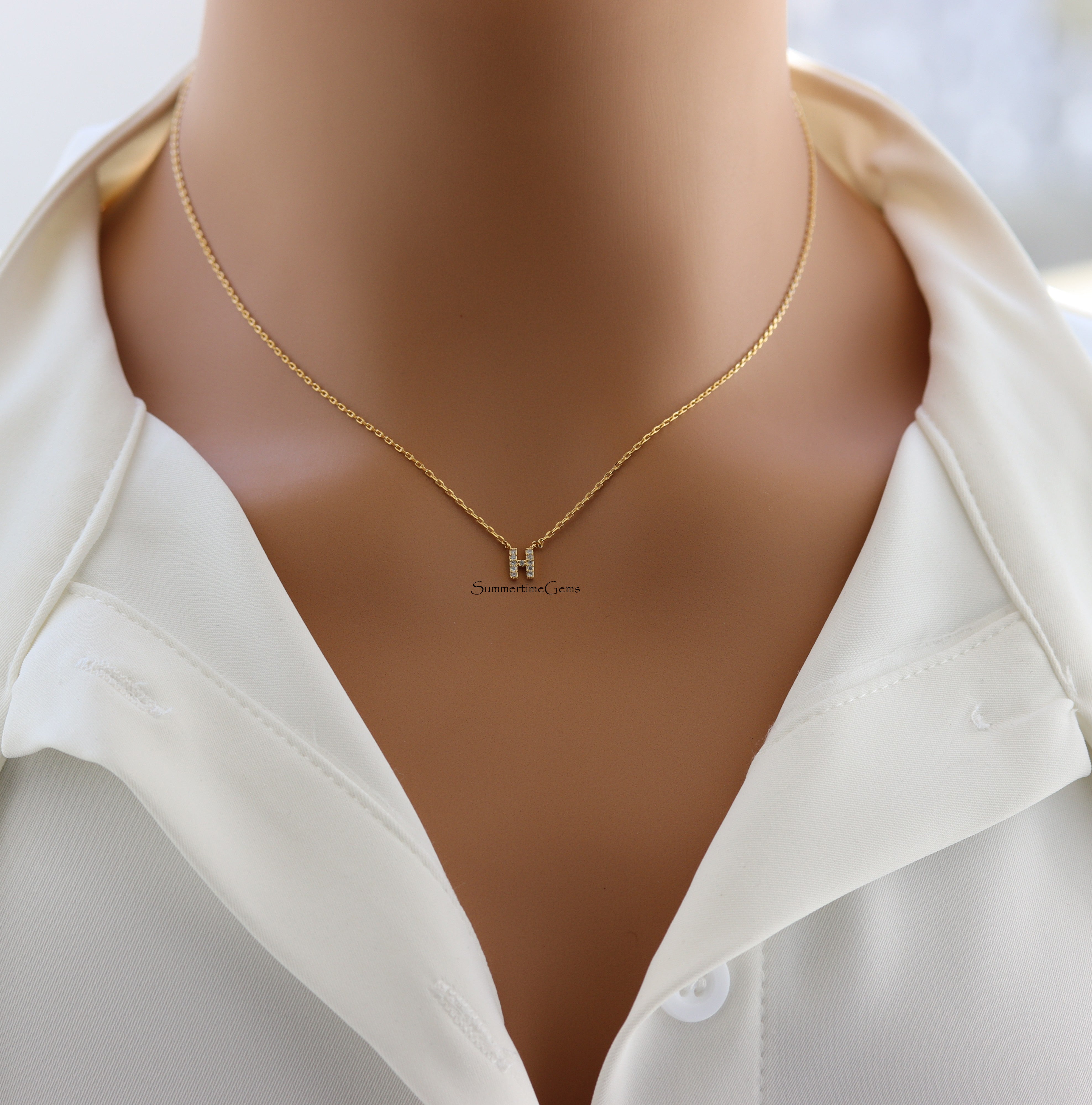 STG 18K Gold Plated Dainty Mini Rhinestone Initial "H" Pendant Necklace – Personalized Letter Jewelry