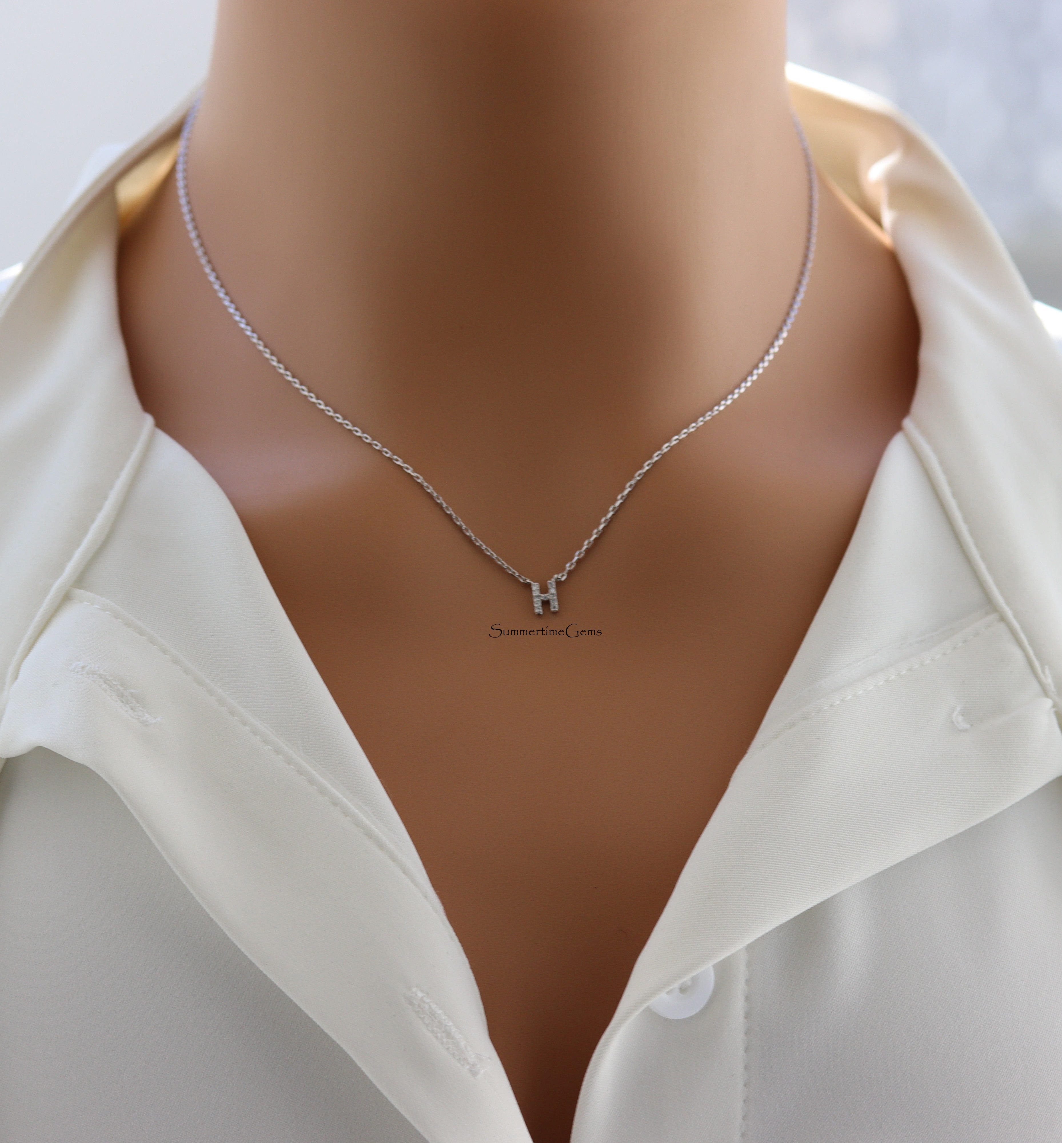 STG 18K Gold Plated Dainty Mini Rhinestone Initial "H" Pendant Necklace – Personalized Letter Jewelry