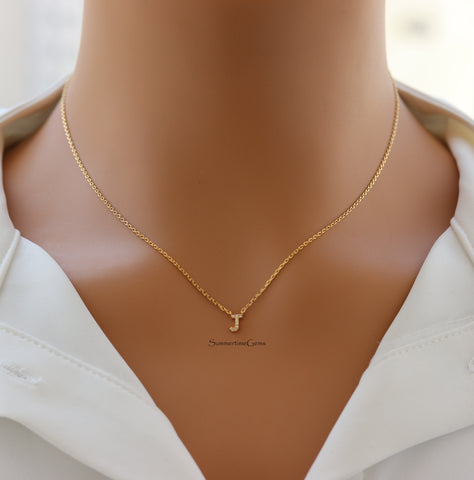 STG 18K Gold Plated Dainty Mini Rhinestone Initial "J" Pendant Necklace – Personalized Sparkly Jewelry Gift
