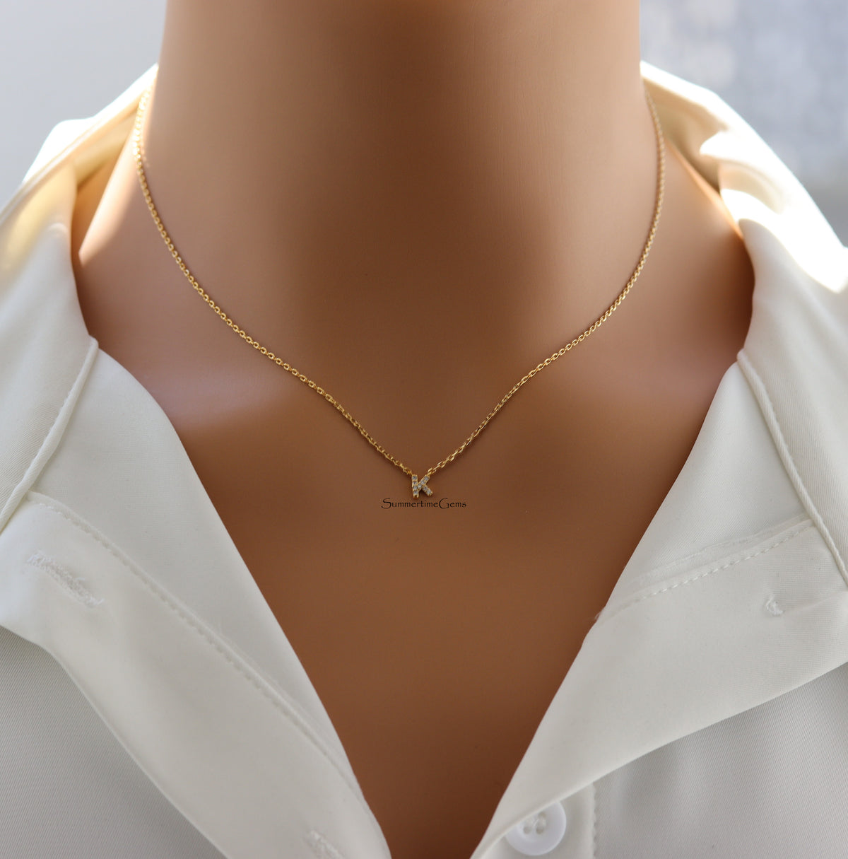 STG 18K Gold Plated Dainty Mini Rhinestone Initial "K" Pendant Necklace – Personalized Letter Jewelry for Women
