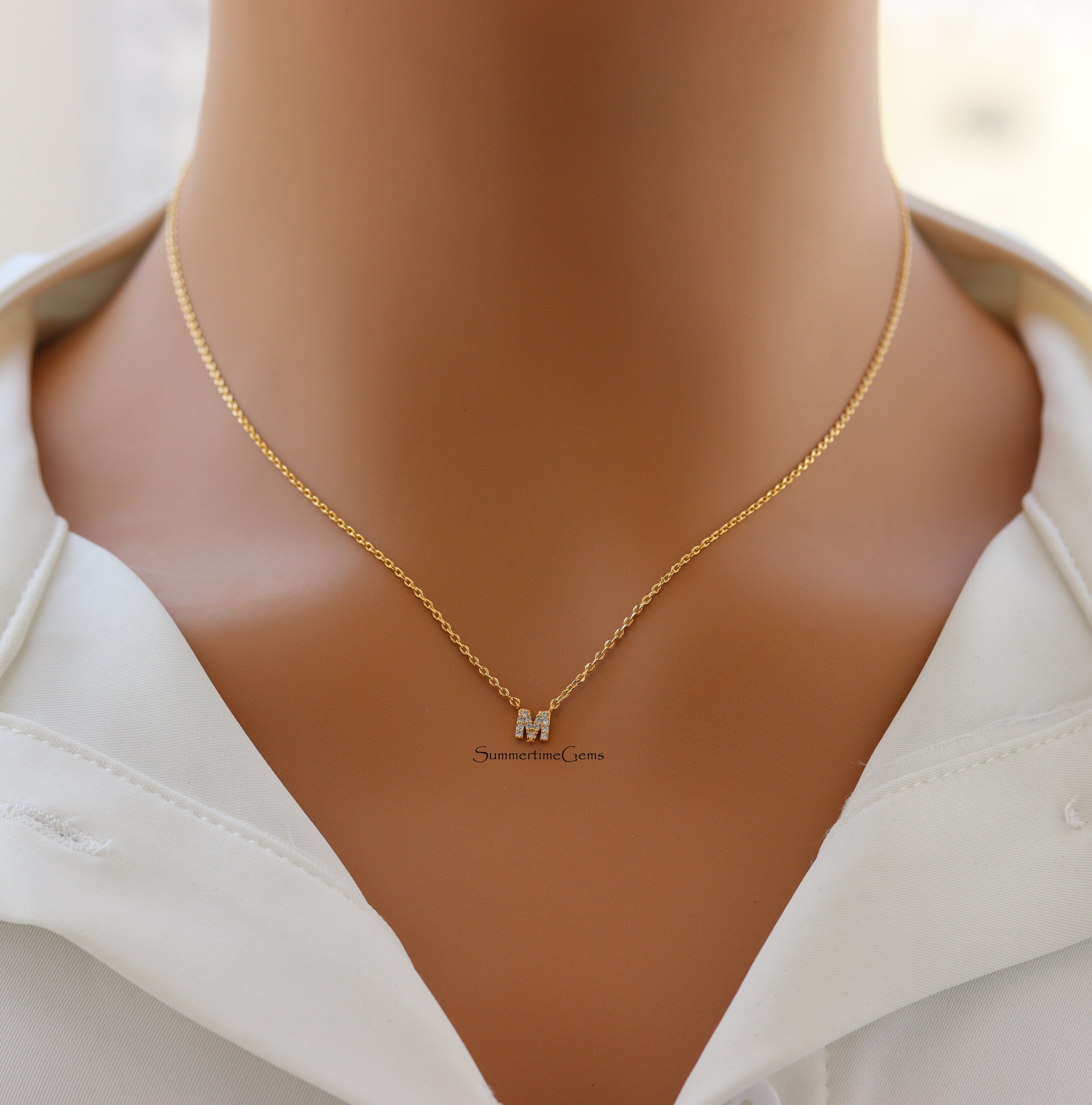 STG 18K Gold Plated Dainty Mini Rhinestone Initial "M" Pendant Necklace – Sparkly Personalized Jewelry Gift for Everyday Wear