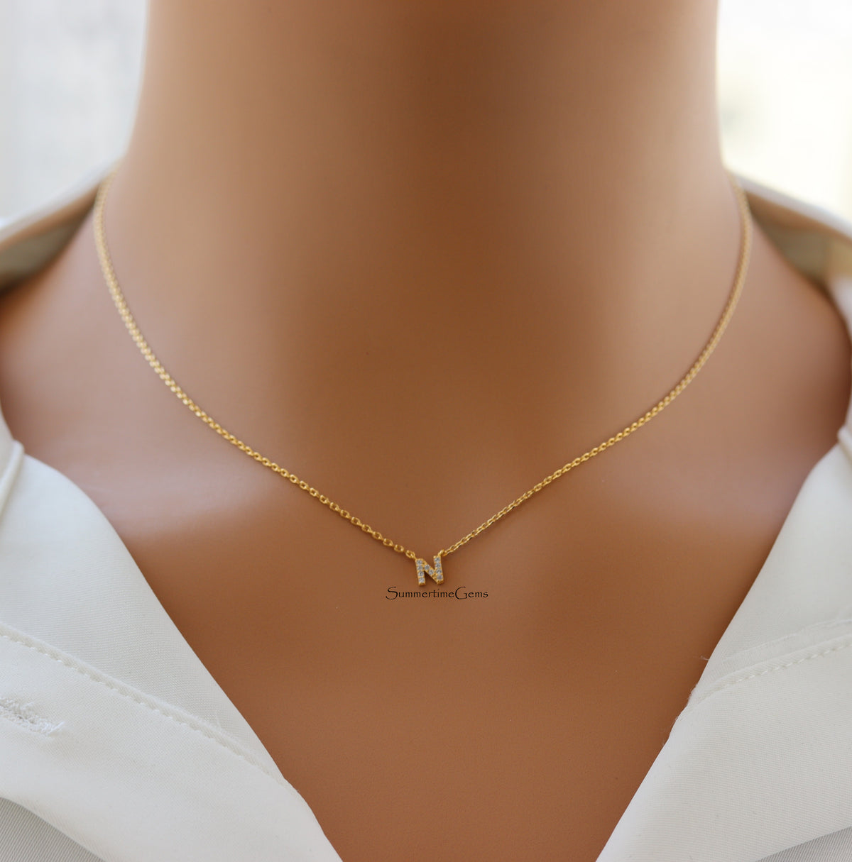 STG 18K Gold Plated Dainty Mini Rhinestone Initial "N" Pendant Necklace – Sparkly Personalized Jewelry for Everyday Wear
