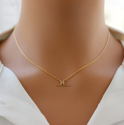 STG 18K Gold Plated Dainty Mini Rhinestone Initial "N" Pendant Necklace – Sparkly Personalized Jewelry for Everyday Wear