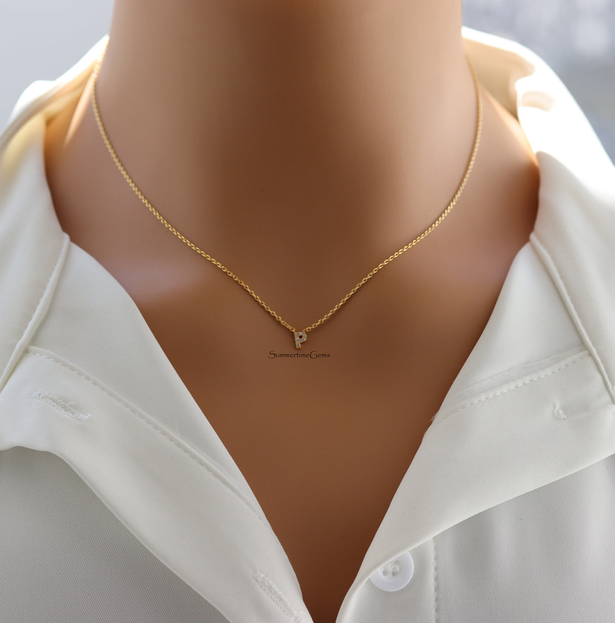 STG 18K Gold Plated Dainty Mini Rhinestone Initial "P" Pendant Necklace – Sparkly Personalized Letter Jewelry Gift