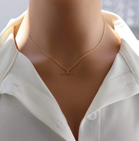 STG 18K Gold Plated Dainty Mini Rhinestone Initial "T" Necklace – Sparkly Personalized Letter Pendant Jewelry