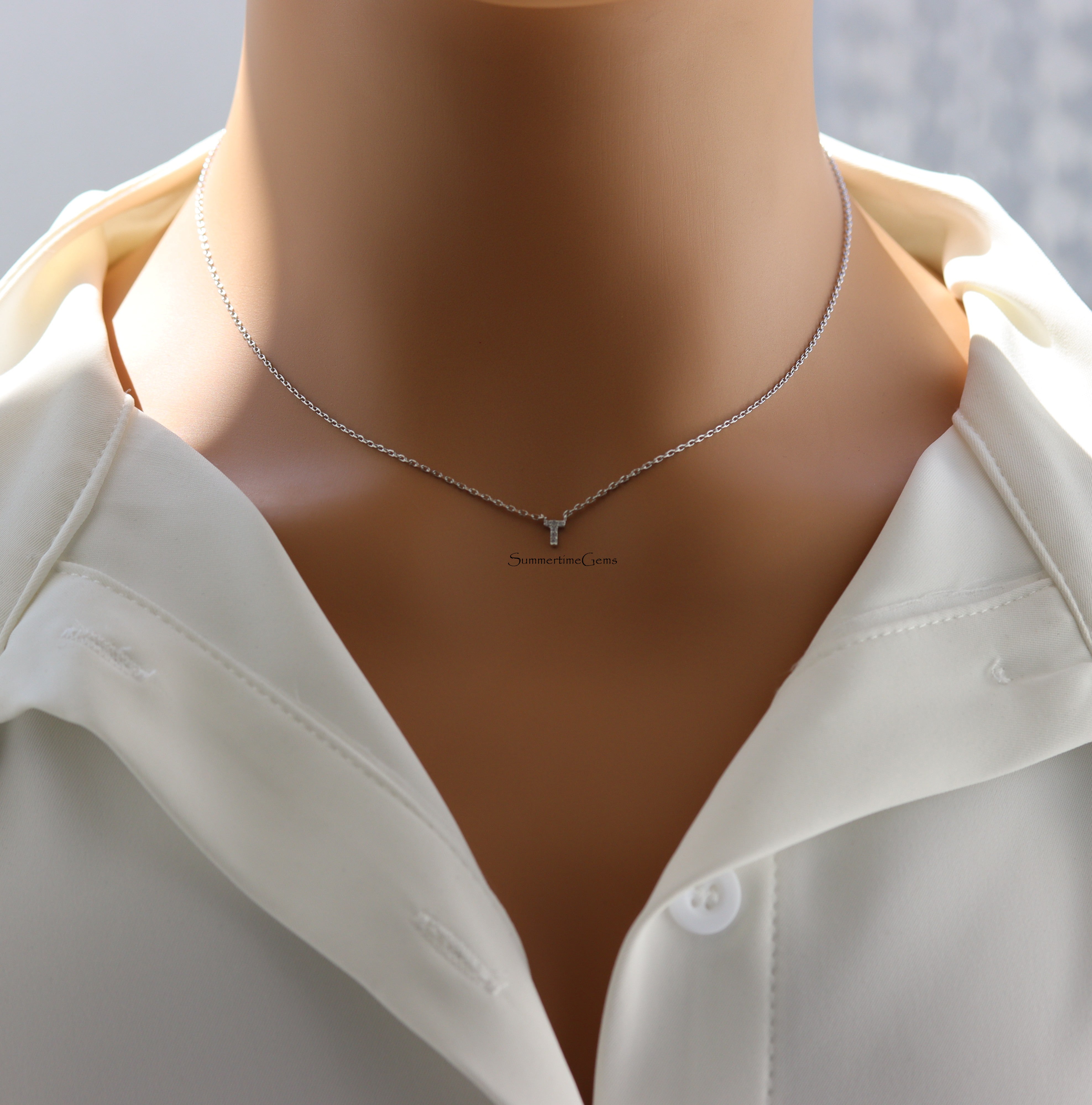 STG 18K Gold Plated Dainty Mini Rhinestone Initial "T" Necklace – Sparkly Personalized Letter Pendant Jewelry