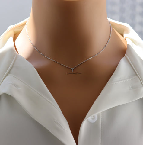 STG 18K Gold Plated Dainty Mini Rhinestone Initial "T" Necklace – Sparkly Personalized Letter Pendant Jewelry