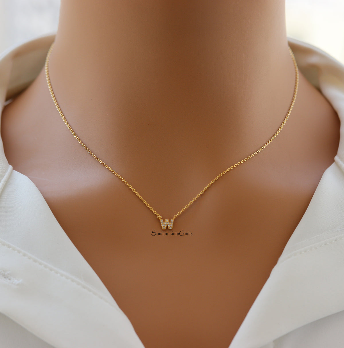 STG 18K Gold Plated Dainty Mini Rhinestone Initial "W" Pendant Necklace – Sparkly Personalized Jewelry Gift for Everyday Wear