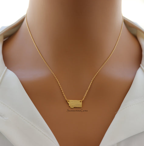 STG 18K Gold Plated Dainty Brushed Montana State Pendant Necklace – Minimalist State Pride Jewelry