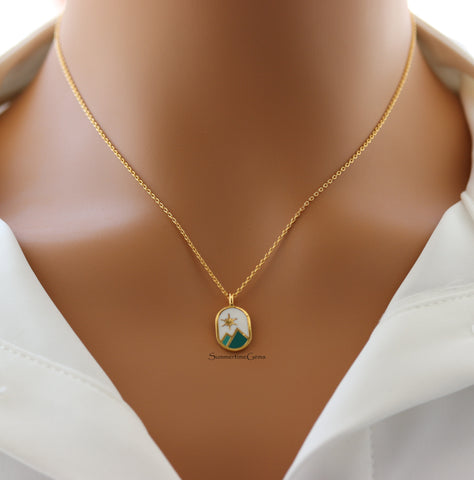 STG 18K Gold Plated Enamel Oval Mountain Range Coin Pendant Necklace – Adventure-Inspired Outdoor Jewelry