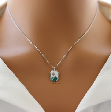 STG 18K Gold Plated Enamel Oval Mountain Range Coin Pendant Necklace – Adventure-Inspired Outdoor Jewelry
