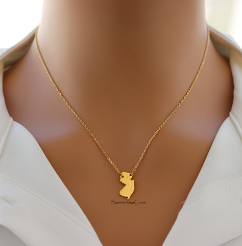 STG 18K Gold Plated Dainty Brushed New Jersey State Pendant Necklace – Minimalist State Pride Jewelry for Everyday Wear